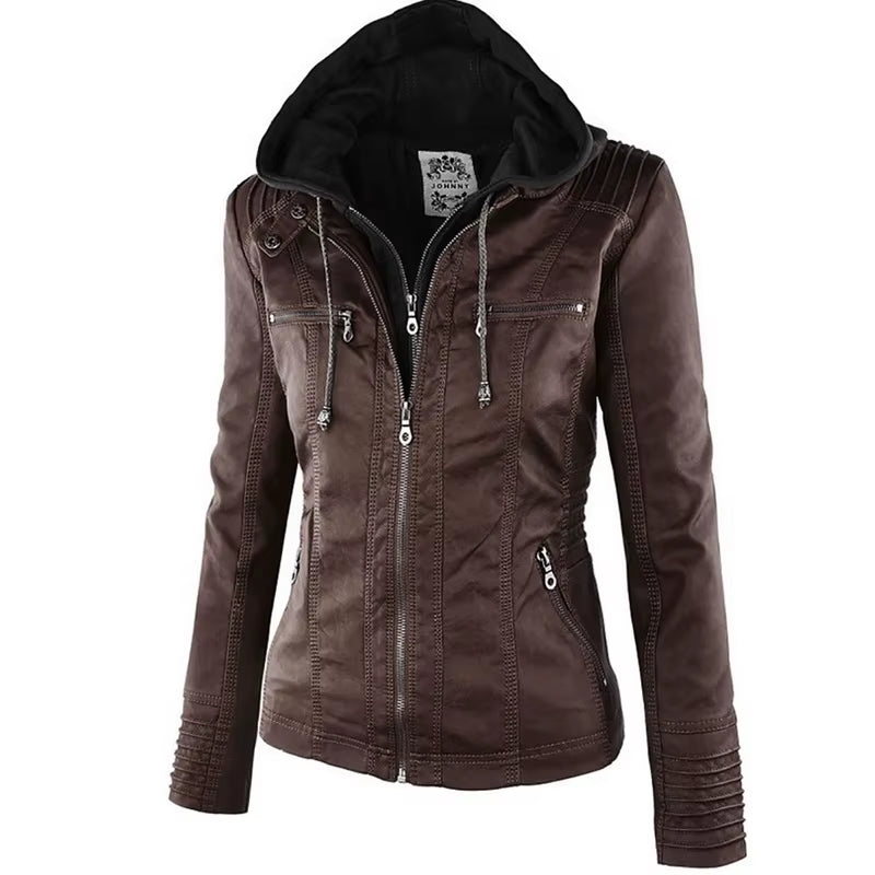 2025 Fashion Winter Faux Leather Jacket Women'S Basic Jackets Hooded Black Slim Motorcycle Jacket Women Coats Female Jaqueta